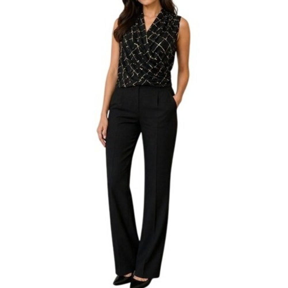 SHEIN Black Gold Grid Print‎ Draped Wrap Blouse Women's Small
